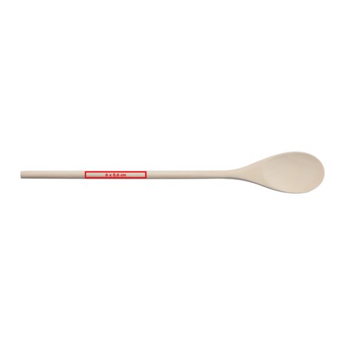 Light wooden cooking spoon with a long handle.