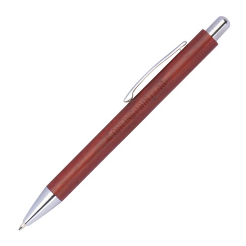 Rosewood ballpoint pen with metal elements and clip.