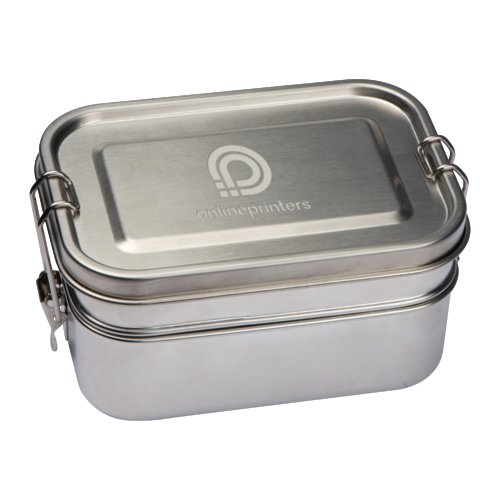 Silver stainless steel lunchbox with clip closure.