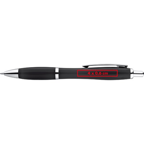 Black ballpoint pen with clip and push mechanism.