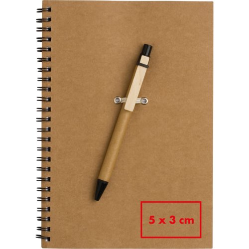 Recycled paper writing set with spiral binding and pen holder.