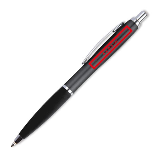Black ballpoint pen with metal accents and clip.