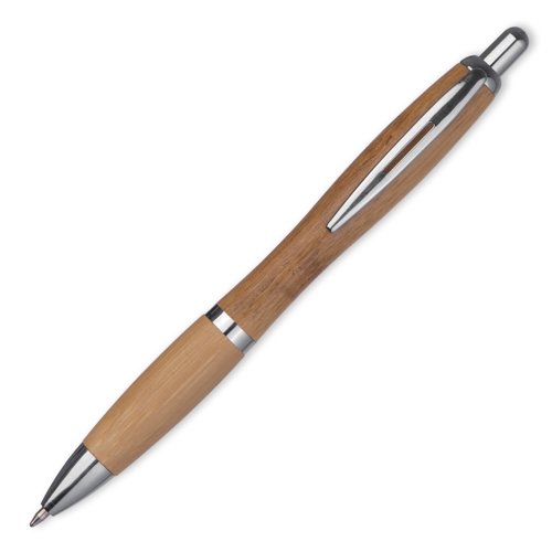 Brown bamboo ballpoint pen with clip and push mechanism.