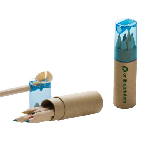 Wooden colored pencils in cardboard case with sharpener.