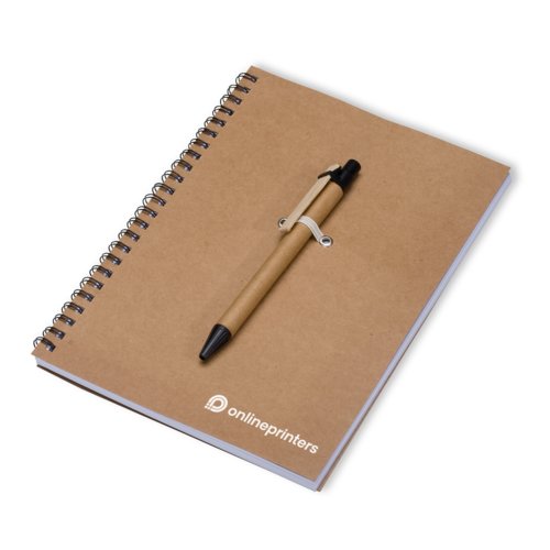 Brown eco-friendly notepad with spiral binding and pen holder.