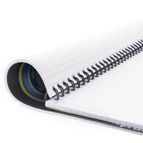 Paper notepad with spiral binding.