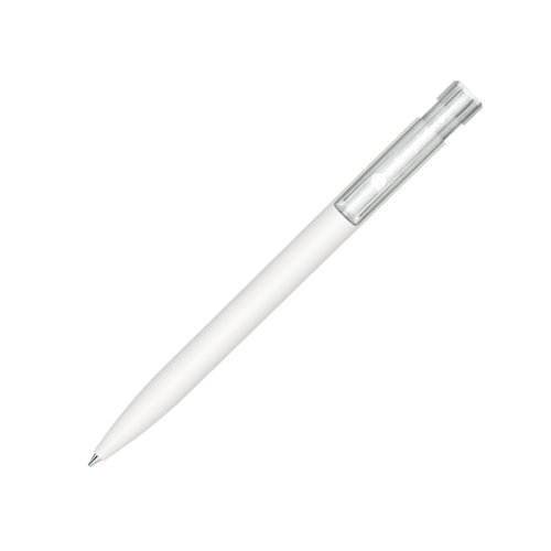 White ballpoint pen with soft surface and push button.