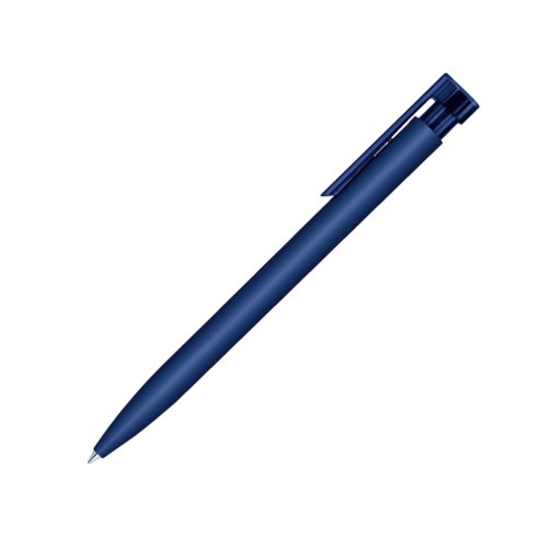 Dark blue plastic ballpoint pen with push mechanism and clip.