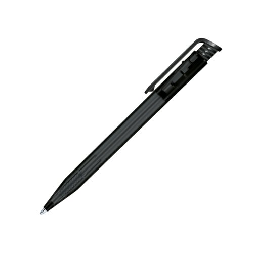 Black plastic ballpoint pen with push mechanism and clip.