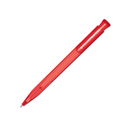 Red plastic ballpoint pen with push-button mechanism.