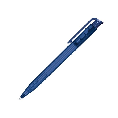 Dark blue plastic ballpoint pen with push mechanism and clip.