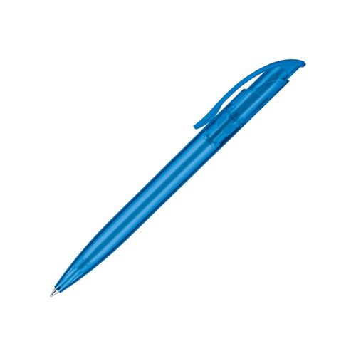 Blue translucent plastic ballpoint pen with clip and push mechanism.