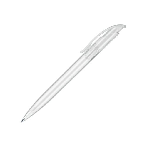 White plastic ballpoint pen with clip and push mechanism.