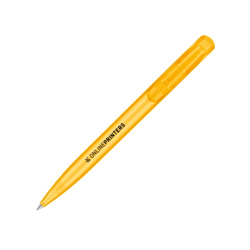Yellow plastic ballpoint pen with push mechanism.