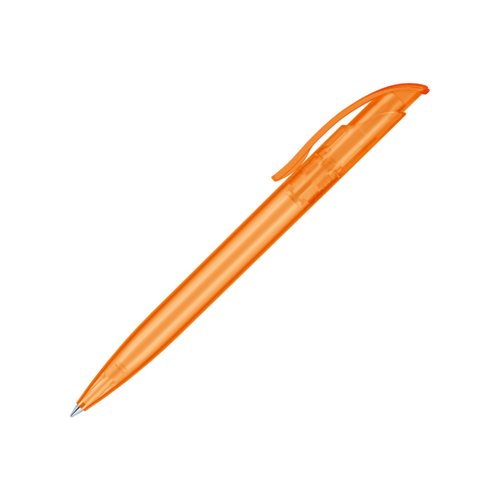 Orange plastic ballpoint pen with clip and push mechanism.