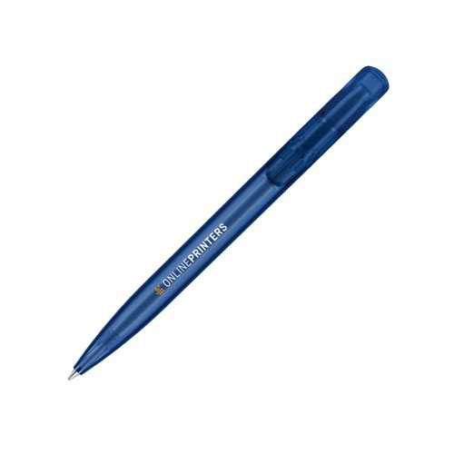 Dark blue plastic ballpoint pen with push button.