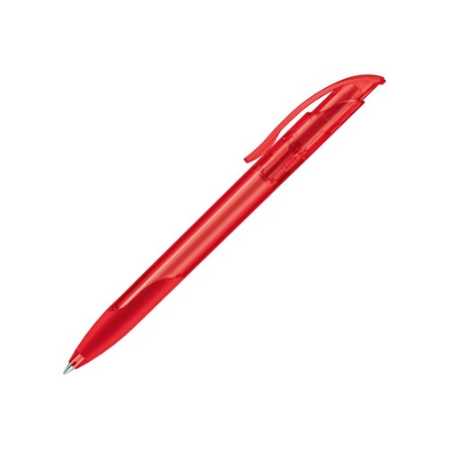 Red plastic ballpoint pen with clip and push-button mechanism.