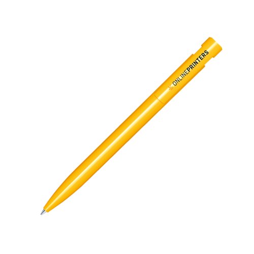 Yellow plastic ballpoint pen with push mechanism.