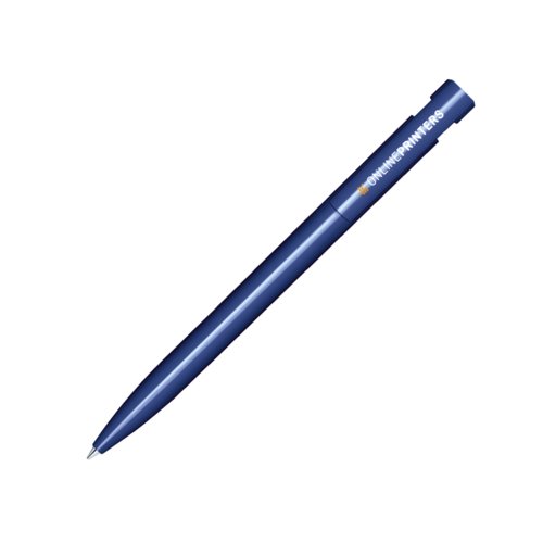 Dark blue plastic ballpoint pen with polished finish and push button.