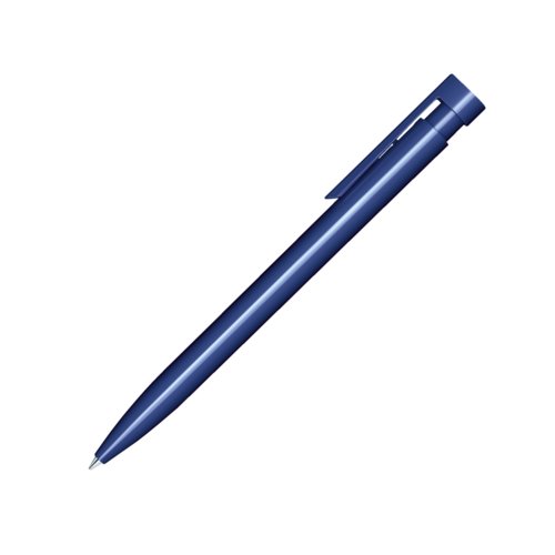 Dark blue plastic ballpoint pen with polished finish and clip.
