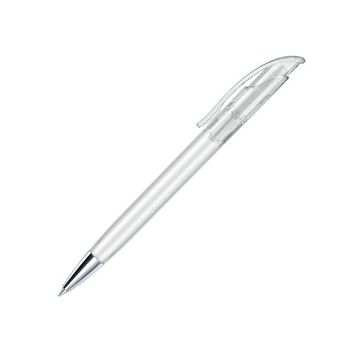 White plastic ballpoint pen with metal tip and clip.