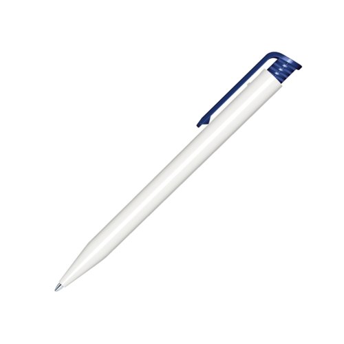 White plastic ballpoint pen with navy clip and push mechanism.