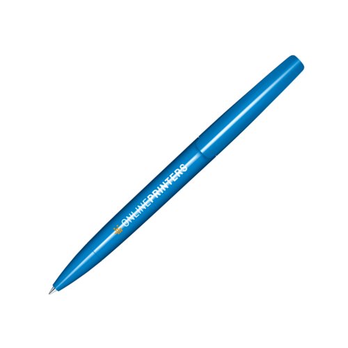 Blue plastic twist ballpoint pen with a polished finish.