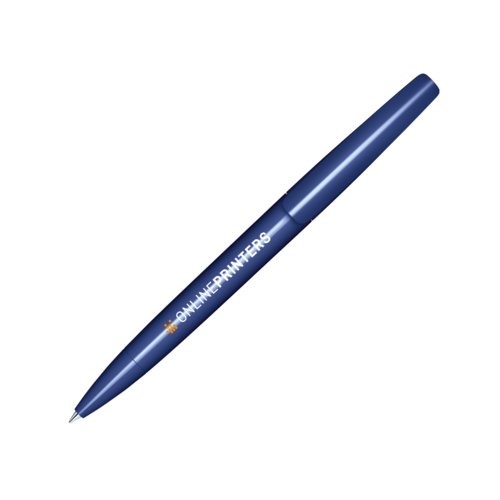 Dark blue plastic ballpoint pen with polished finish and twist mechanism.