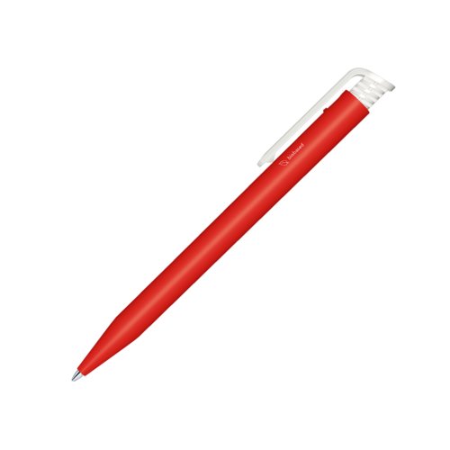Red and white bio-plastic ballpoint pen with clip and push mechanism.