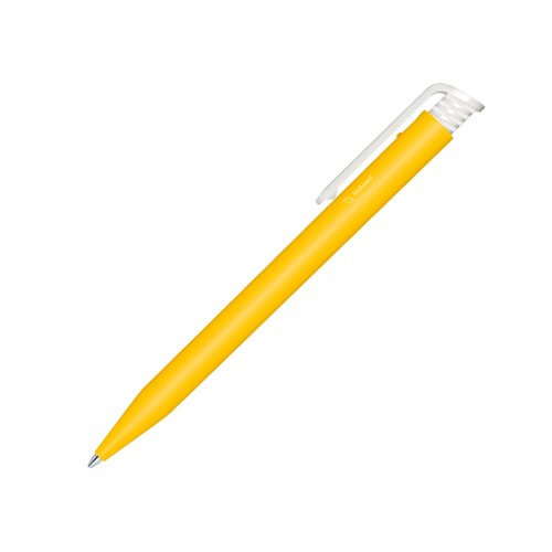 Yellow bio ballpoint pen with clip and push mechanism.