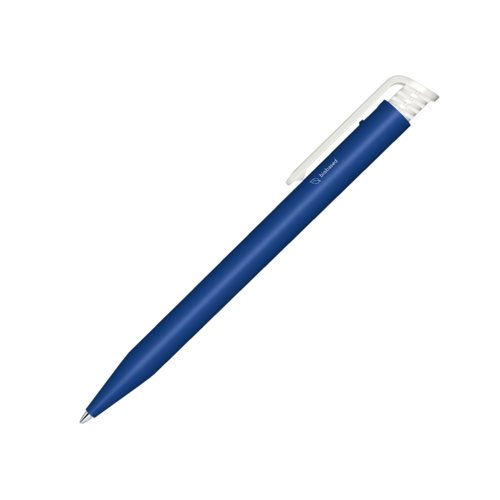 Dark blue bio ballpoint pen with clip and push mechanism.