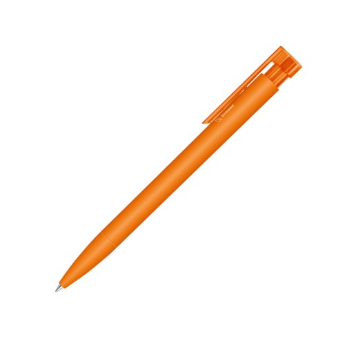 Orange bioplastic ballpoint pen with clip and push mechanism.