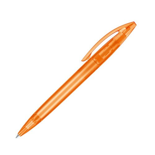 Orange plastic ballpoint pen with clip and push mechanism.