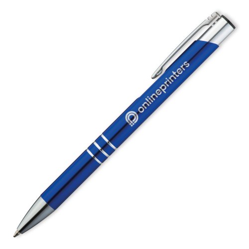 Blue metal ballpoint pen with clip.
