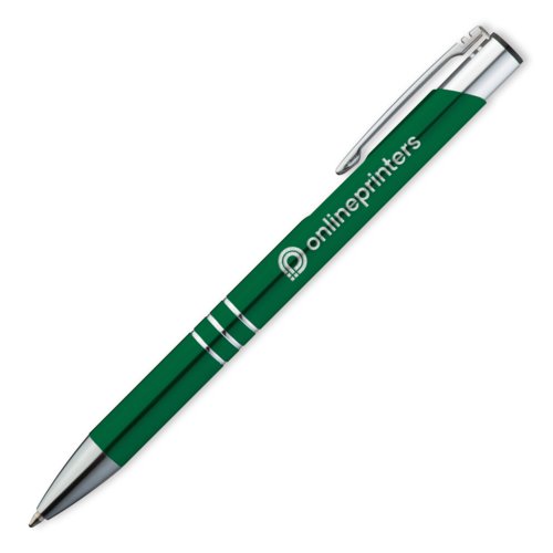 Green metal ballpoint pen with clip.