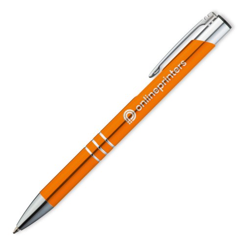 Orange metal ballpoint pen with clip and push mechanism.