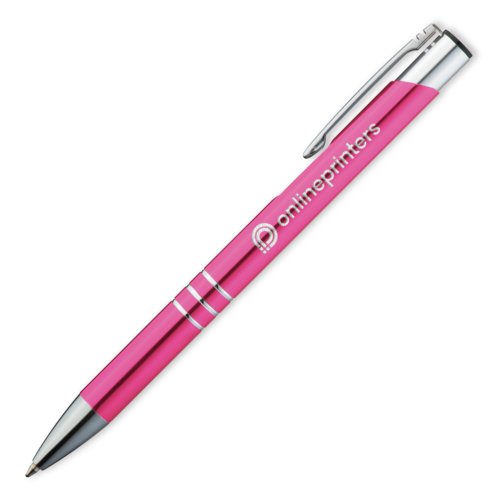Pink metal ballpoint pen with clip and push mechanism.