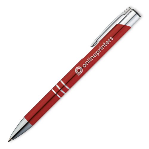 Red metal ballpoint pen with clip and push mechanism.