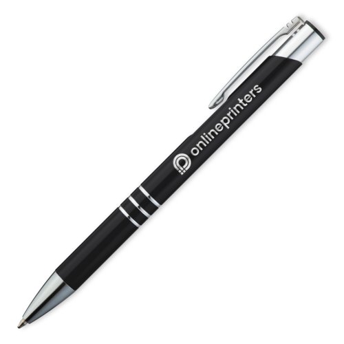 Black metal ballpoint pen with clip and push mechanism.