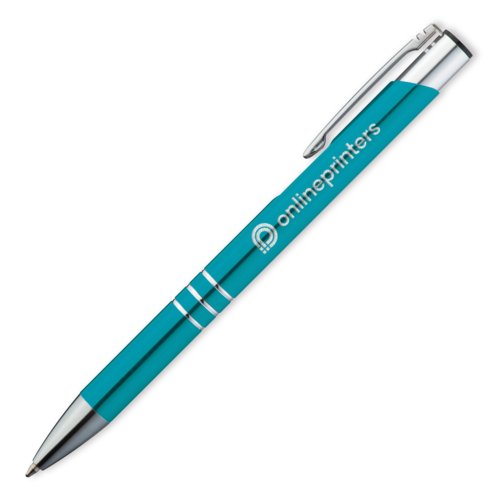Turquoise metal ballpoint pen with clip and push button.