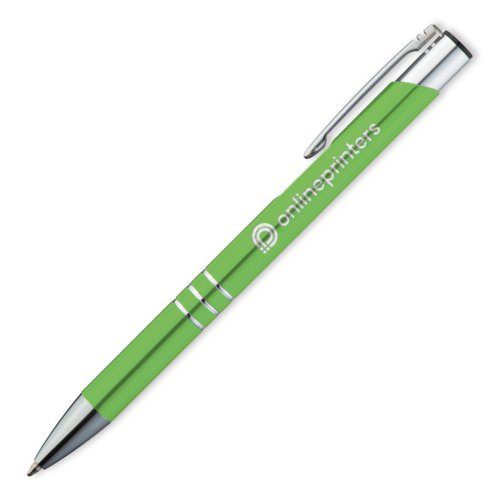 Apple green metal ballpoint pen with clip and push mechanism.