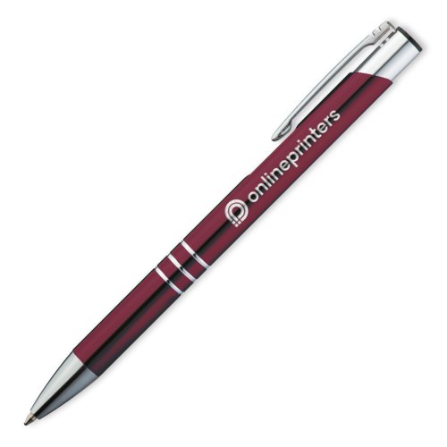Burgundy metal ballpoint pen with clip and push mechanism.