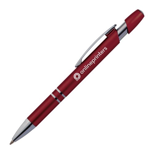 Red metal ballpoint pen with clip and push button.
