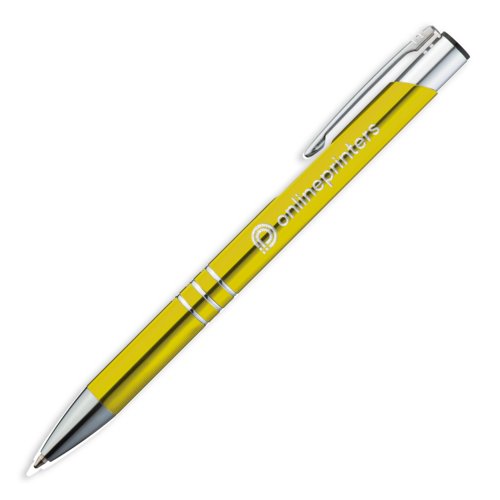 Yellow metal ballpoint pen with clip and push-button.