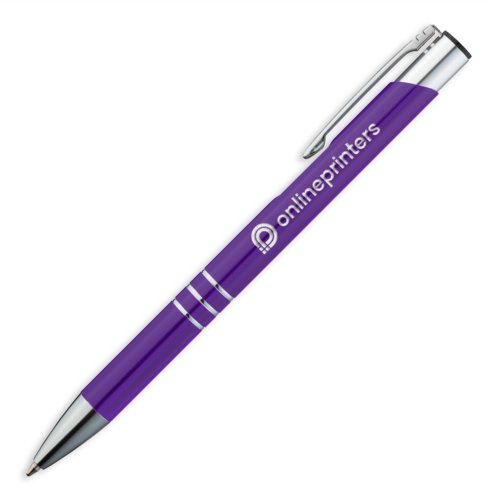Violet metal ballpoint pen with clip and push mechanism.