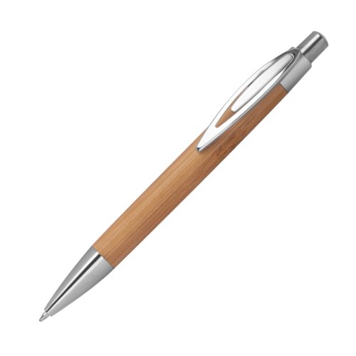 Beige bamboo ballpoint pen with clip and push mechanism.