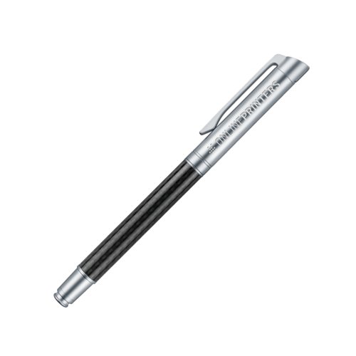 Silver metal rollerball pen with carbon elements and clip.