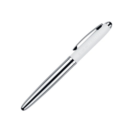 White rollerball pen with metal elements and soft surface.
