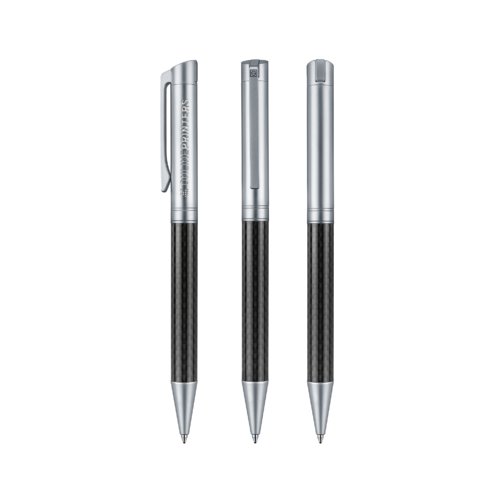 Silver carbon metal ballpoint pen with clip and push mechanism.