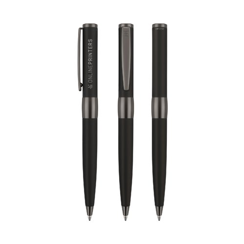 Black ballpoint pen with twist mechanism and clip.